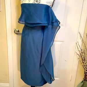 Blue Keepsake the Label strapless ruffle cocktail dress.